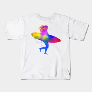 Running Woman on Beach with Surfboard Kids T-Shirt